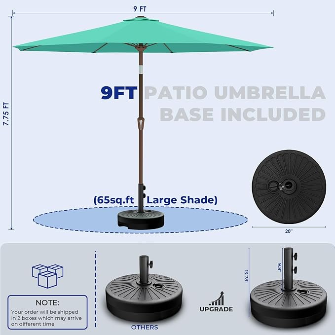 BRIOPAWS 9FT Patio Umbrella with Base Included | Outdoor Table Umbrellas | Push Button Tilt & Crank | 8 Sturdy Fiberglass Ribs | Waterproof | Heavy Duty for Garden Lawn DeckBackyard & Pool