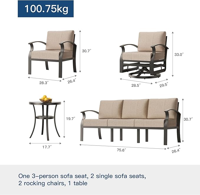 Kullavik Aluminum Patio Furniture Set with Rectangular Coffee Table,7-seat Metal Outdoor Sectional Furniture w/5.1" Cushions,Patio Conversation Sets with Swivel Chairs for Garden,Backyard,Porch-Sand