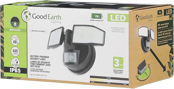 Good Earth Lighting LED Motion Activated Battery-Operated Security Flood Light - Bronze, 5000K, auto Shut Off, IP65, 400 Lumens