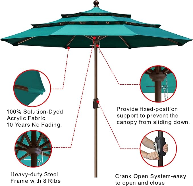 EliteShade USA 10-Year-Non-Fading 11ft 3-Tier Market Patio Umbrella, Commercial Grade Outdoor Table Umbrella with Crank Open, Windproof & UPF 50+ UV Protection, Heavy Duty Ventilation for Garden, Deck, Pool, Backyard, Beach & Bistro, No Tilt, Teal