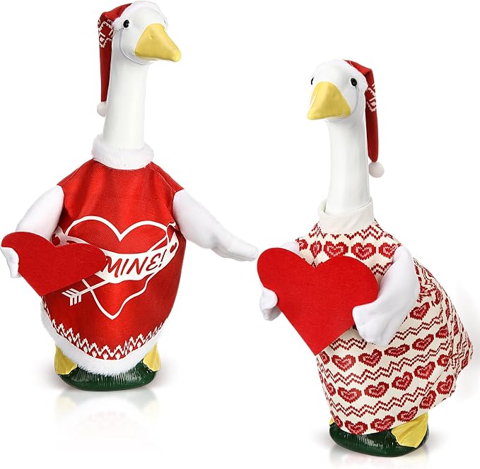 2 Sets Porch Goose Outfit Cute Red Heart Goose Dress Clothes with Headband and Wide Hat Costume for 23" Gooses Statue Decoration Patio Yard Garden Lawn Outdoor Decors