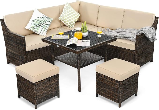 Tangkula Wicker Outdoor Dining Set, 6 Piece PE Rattan Wicker Sectional Corner Sofa Set with Dining Table, 2 Ottomans, Suitable for Garden, Patio, Poolside, Lawn and Balcony, Patio Furniture Set