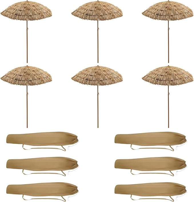 5.3Ft Thatched Tiki Patio Beach Umbrella,6PCS Hawaiian Style Hula Thatched Tiki Beach Umbrella for Poolside,Camping,Backyard,Picnic,Lawn