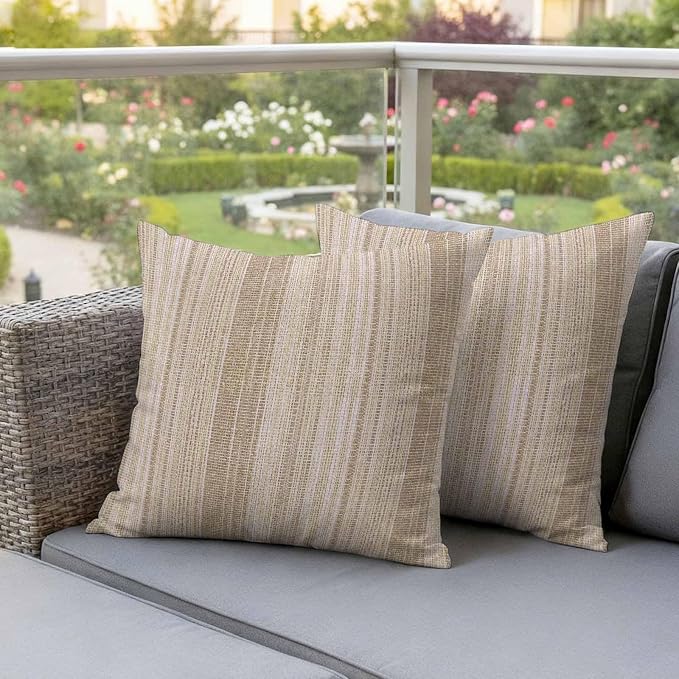 Abstract Beige Outdoor Pillow Covers Set of 2 Rustic Farmhouse Minimalist Beige Vertical Striped Lines Waterproof Throw Pillow Cover Decorative Cushion Cases for Patio Porch Garden 18X18 Inch