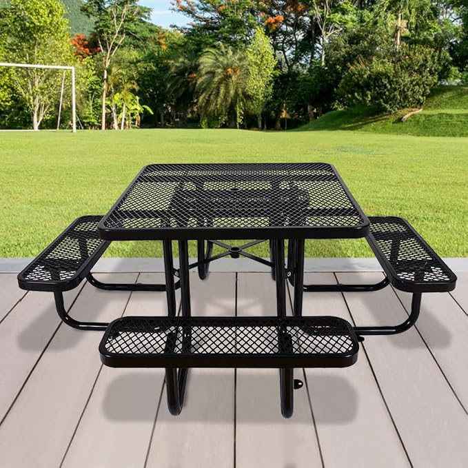 46" Square Metal Picnic Table for 4-8 Person, Durable Heavy Duty Commercial Picnic Table with Umbrella Hole for Outdoor Coffee Shop, School, Hospital, Easy to Install, Black