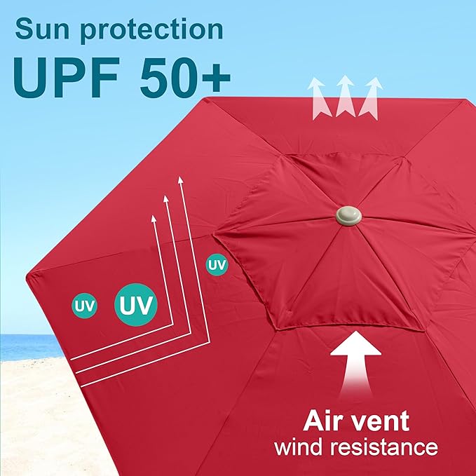 AMMSUN 8ft Large Beach Umbrellas for Sand Heavy Huty Wind Portable Commercial Grade Patio Beach Umbrella with Sand Anchor Adjustable Height Air Vent UPF 50+ Telescoping Pole without tilt Red