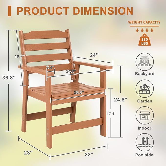 FUNBERRY Outdoor Dining Chair, HDPE All Weather Patio Chair for Outside | Wood-Grain, HDPE All Weather, No Rot or Rust or Crack, UV Fade Shield, 330LBS Weight Capacity, Easy-Clean for Outside