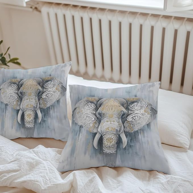 Boho Elephant Outdoor Pillow Covers 20"x20" Set of 2, Floral Pattern Animal Abstract Waterproof Throw Pillow Covers for Patio Furniture, Decorative Cushion Covers for Porch