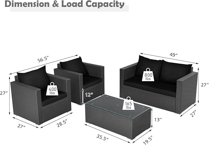 COSTWAY 4-Piece Patio Rattan Furniture Set, Cushioned Sofa Chair, Loveseat and Coffee Table with Tempered Glass Top, Outdoor Conversation Sets for Garden Poolside Balcony Porch (Black)