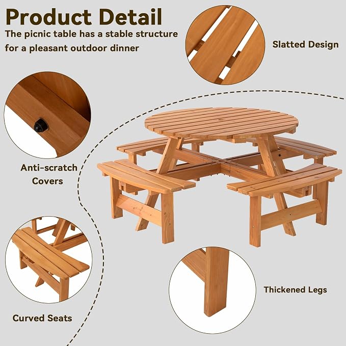 HAPPYGRILL 8-Person Wood Picnic Table Bench Set, Round Camping Table w/Umbrella Hole, Circular Outdoor Table w/4 Built-in Curved Benches, for Patio, Garden, Backyard, Porch (Yellow)