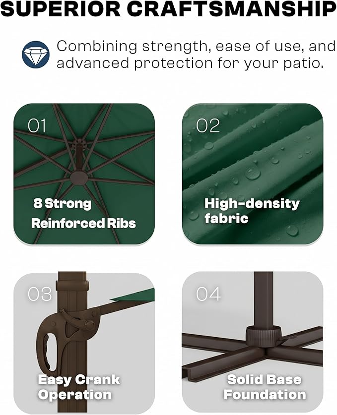 11 FT Round Cantilever Umbrella,Easy Tilt, Fade Resistant & 360° Rotation, Offset for Pool Deck Backyard Patiodark green (Base not Included)