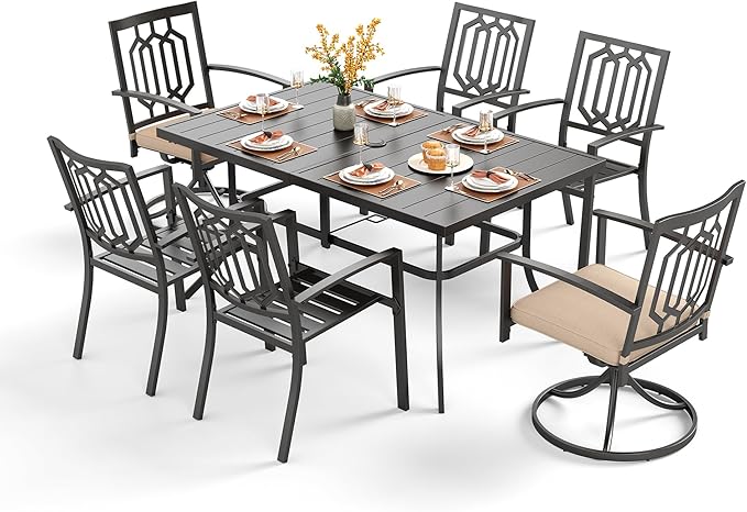 PHI VILLA 7 Pieces Outdoor Dining Set for 6, 59" Rectangle Wrought Iron Table with Umbrella Hole & Swivel/Fixed Chairs Combo with Cushions, Modern Metal Furniture for Patio, Deck, Yard, Porch