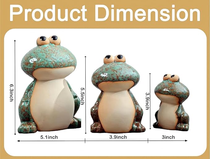 Ceramic Frog Garden Decor Set of 3 - Funny Cute Frog Lawn Ornaments, Outdoor Pond Patio Statues for Yard, Front Porch, Backyard Decor (Dad, Mom & Baby Frogs)