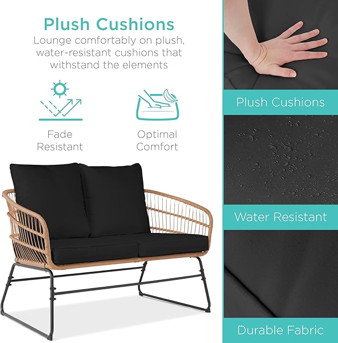 Best Choice Products 4-Piece Outdoor Rope Wicker Patio Conversation Set, Modern Contemporary Furniture for Backyard, Balcony, Porch w/Loveseat, Plush Cushions, Coffee Table, Steel Frame - Black