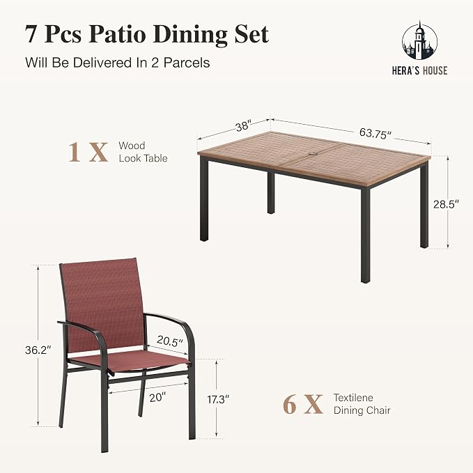 HERA'S HOUSE 7pc Outdoor Patio Dining Set, Wood-Look Metal Table, Red | 64" rectangular table with umbrella hole, 6 textilene chairs. Waterproof, rust-resistant, all-weather for backyard, porch