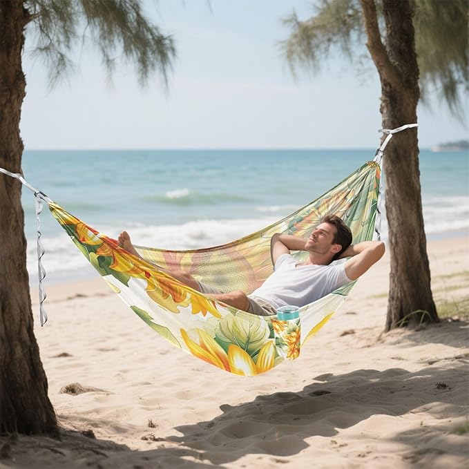 Yellow Sunflowers Camping Hammocks Rope Hammock for Patio Backyard Lounge Base