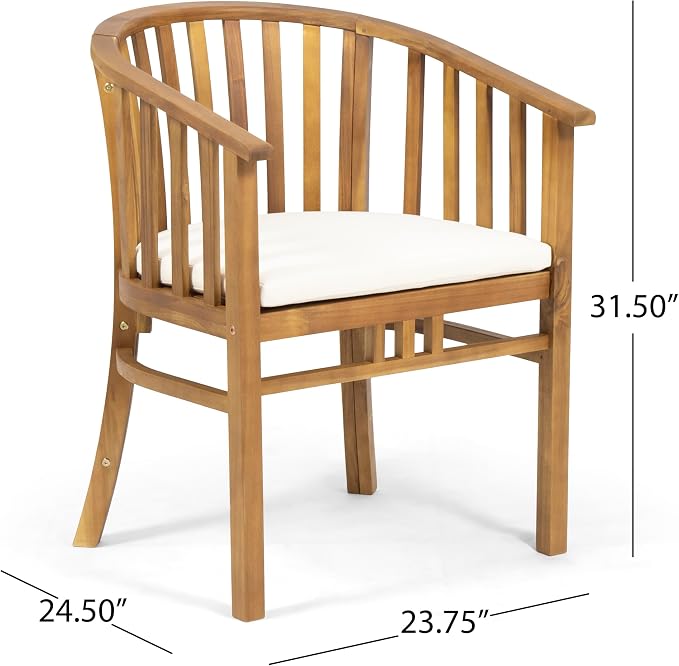 Christopher Knight Home Badaz Acacia Wood Patio Dining Set for 2, Solid Wood Outdoor Dining Table Set for 2, 3 Piece Outdoor Dining Set with Round Table and Armchair with Seat Cushion, Teak+Cream