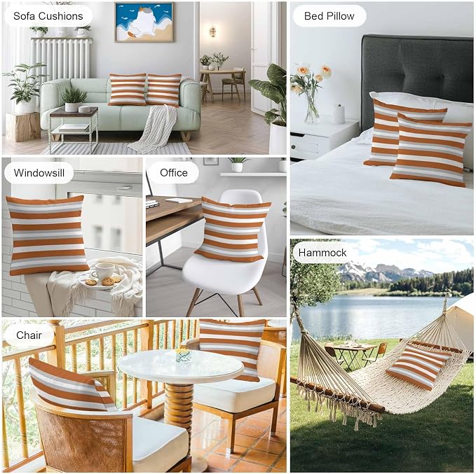 Throw Pillow Covers 24x24 Inch Set of 2, Burnt Orange Grey Stripe Waterproof Outdoor Pillow Covers, Minimalist Farmhouse Striped Decorative Cushion Pillowcases for Couch, Sofa, Bed, Garden, Patio