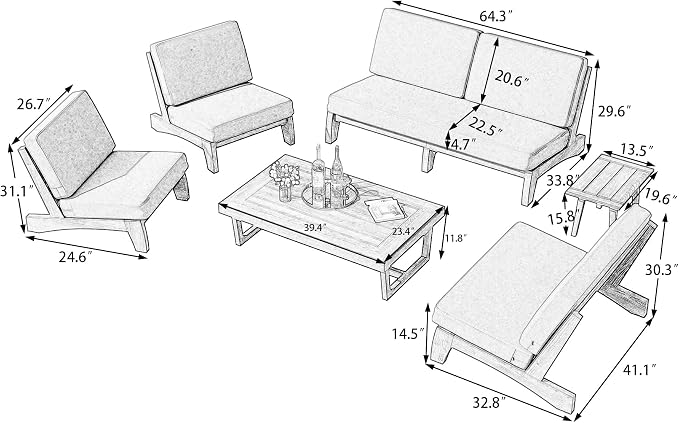 6 Piece Wood Outdoor Patio Frutnire Set, 7 Seater Patio Conversation Sets with Thick Cushions, Outdoor Sectional Furniture with Coffee Table - Beige