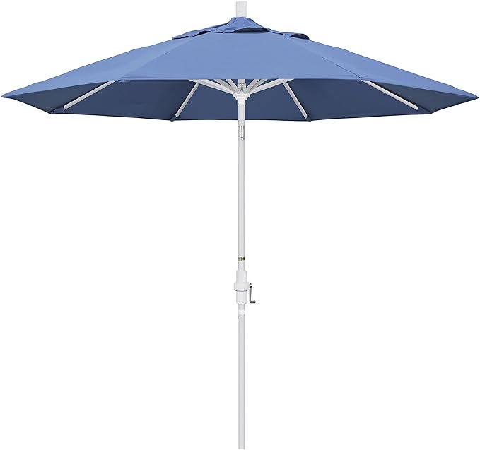 California Umbrella 9' Round Aluminum Market Umbrella, Crank Lift, Collar Tilt, White Pole, Forest Blue Olefin
