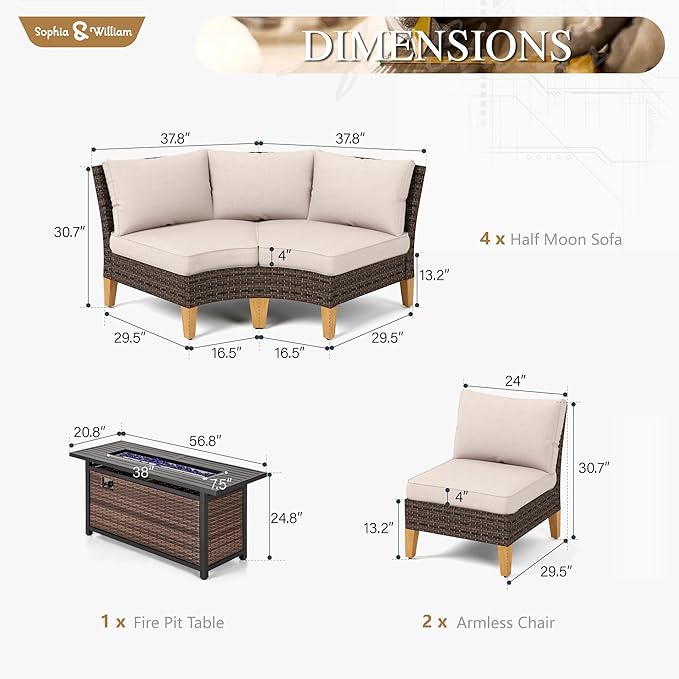 Sophia & William Patio Furniture Set with Fire Pit Table, 11 Piece Half Moon Outdoor Wicker Sectional Sofa Set, Curved Rattan Conversation Set with 56-Inch Fire Pit Table(Beige)