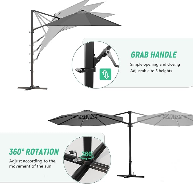 Greesum 10FT Outdoor Patio Umbrella with High Pedel and 4 Gear Heights, Large Offset Market Umbrella with 360-degree Rotation, Without Base, Hanging Outdoor Shade for Garden, Lawn, Pool, Gray
