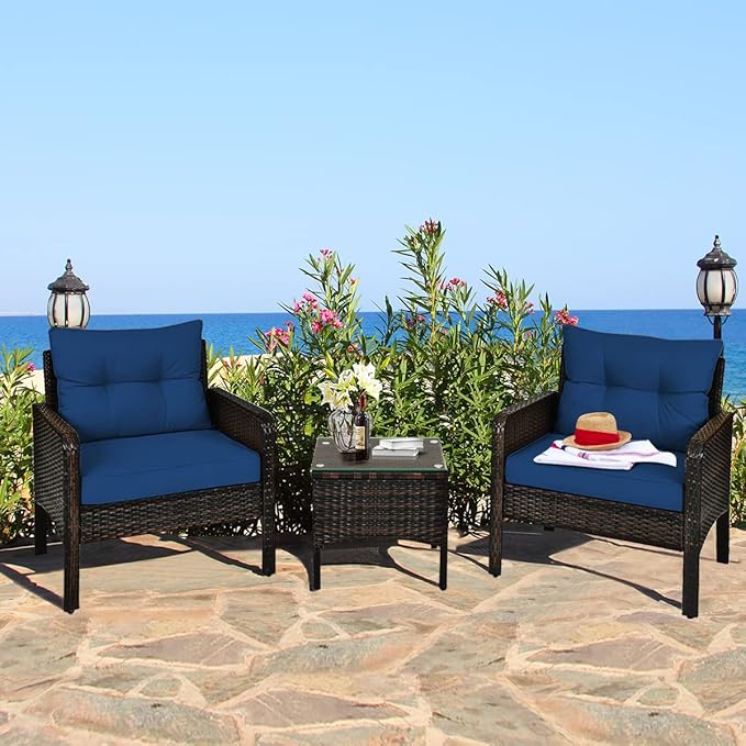 HAPPYGRILL 3 Piece Patio Conversation Set Outdoor Rattan Wicker Furniture Set with Coffee Table & Chairs Patio Bistro with Seat Cushions for Garden Balcony Backyard Poolside