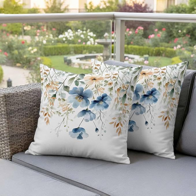 Blue Spring Floral Waterproof Outdoor Pillow Covers 16''x16'' Set of 2, Weeping Botanical Patio Furniture Summer Cushion Covers for Chairs, Decorative Wildflowers Pillow Cases for Garden/Pool/Beach