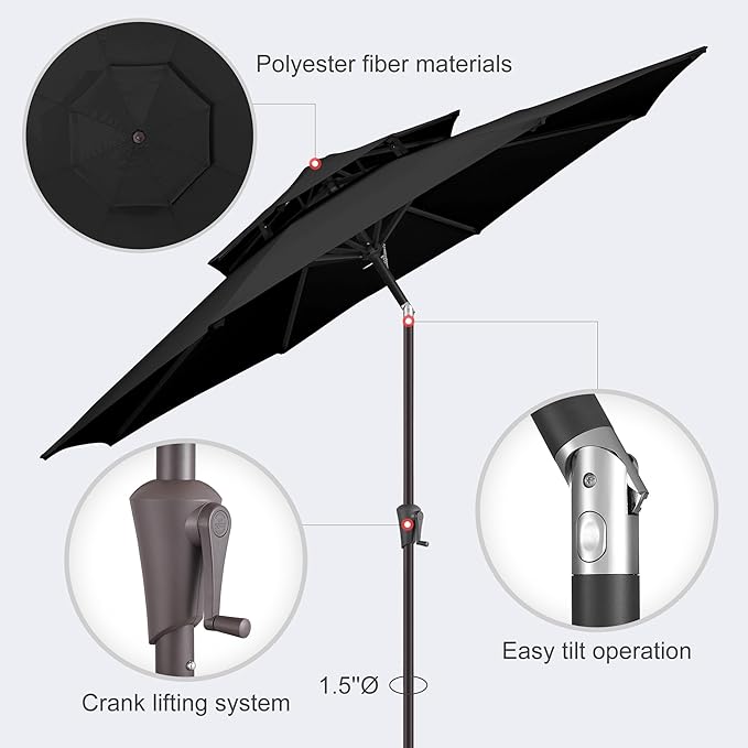 9ft Outdoor Patio Umbrella - 2-Tier Table Umbrella Waterproof UV Protection, Sombrillas de Patio with Push Button Tilt, Sun Umbrella for Pool, Porch, Garden, Backyard (Black)