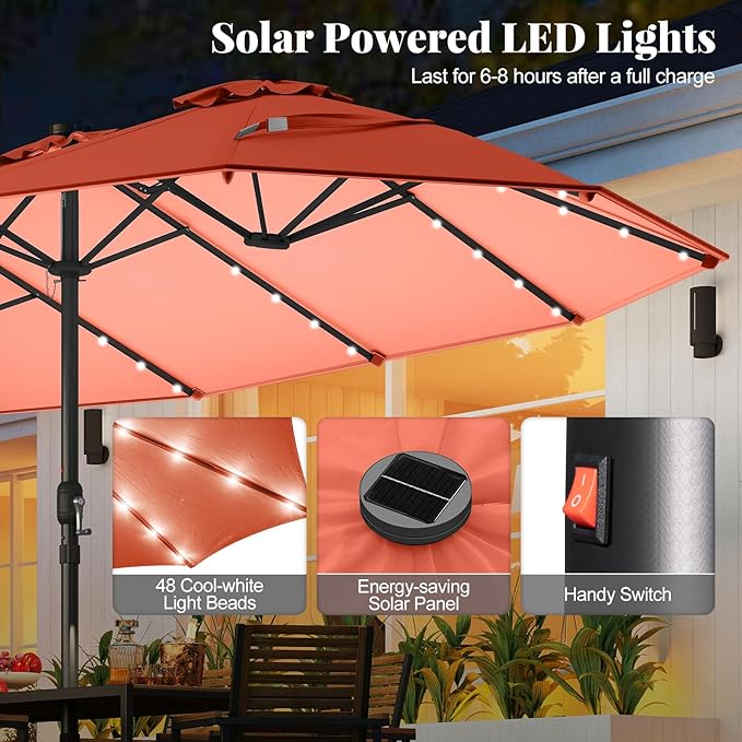 Tangkula 15FT Double-Sided Solar Patio Umbrella, Extra-Large Outdoor Twin Umbrella with 48 LED Lights, Vented Top, Crank Handle, 12 Ribs, Weighted Base Included for Backyard Poolside Deck (Orange)