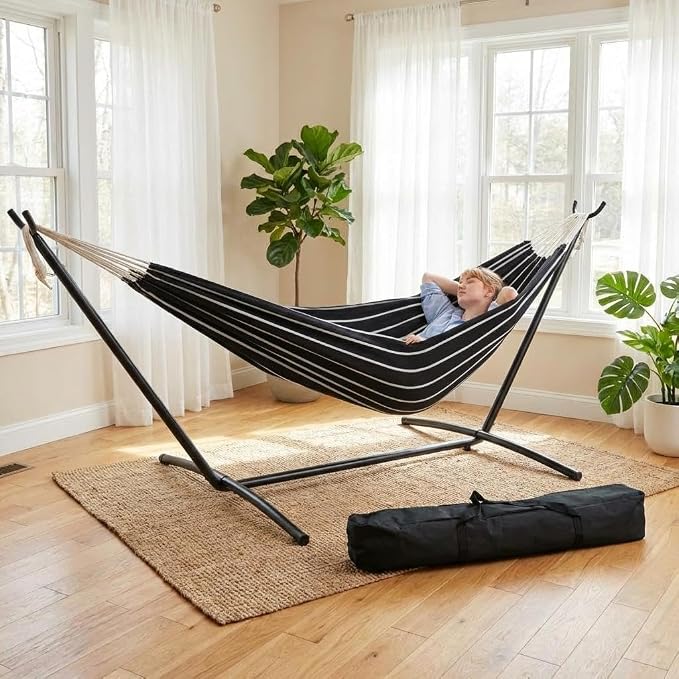 Double Hammock with Foldable Steel Stand and Carry Bag, 450LBS Weight Capacity Indoor Outdoor Standing Hammock, Portable Cotton Hammock for Garden Patio Camping Beach