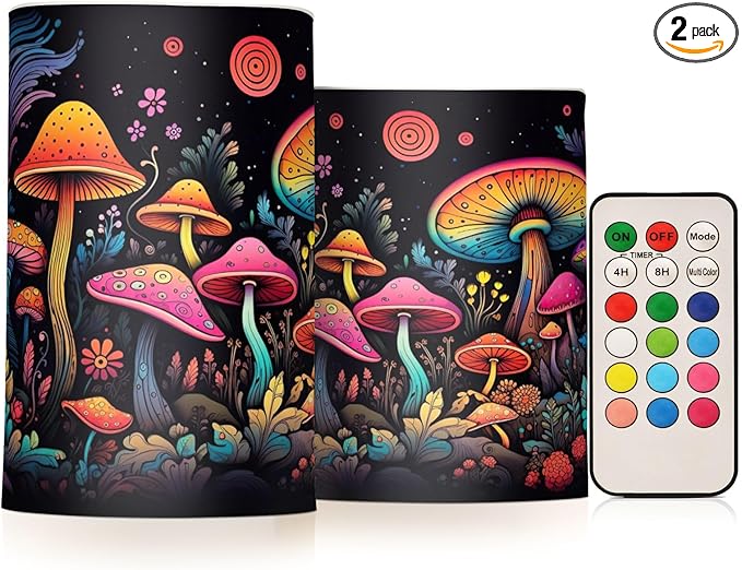 Doodle Colourful Fantasy Mushroom Flameless Candles Color Changing LED Candles with Remote Control Battery Candles for Outdoor and Indoor Home and Room Decoration, 3'' x 4''/5'' Set of 2 Pieces