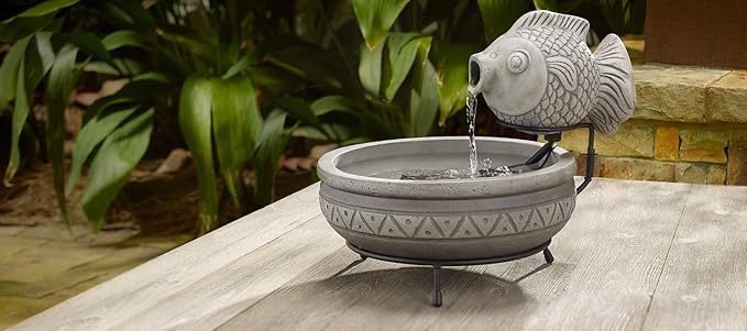 Smart Solar Marin Elegant Cement Fish Solar-Powered Fountain with 10' Cable, Charming Fish Outdoor Solar Garden Fountain, Gray