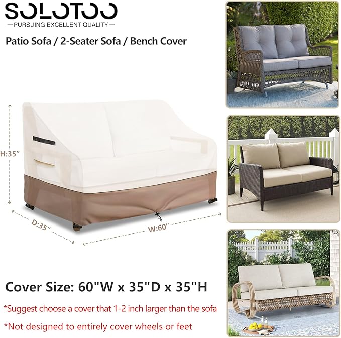 Outdoor Couch Cover Waterproof Heavy Duty Patio Furniture Covers, 60W x 35D x 35H Inches 2 Seater Outdoor Sofa Cover (Beige)