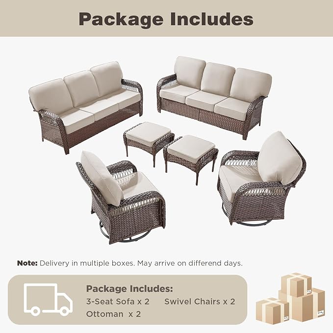 Belord Luxury Patio Furniture Set with 5-inch Thick Cushion, Outdoor 3-seat Sofa and High Back Swivel Rocker Patio Chairs and Ottoman, 6PCS Wicker Conversation Set for Deck Yard and Poolside,Beige