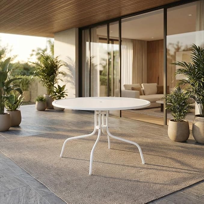 White Dining Table for Outdoor Settings, Modern Design, Durable Material, Weather-Resistant, Sturdy Construction, Suitable for Patio, Garden