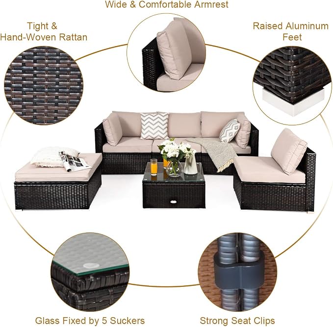 RELAX4LIFE 6-Piece Patio Sofa Set - Outdoor Sectional Sofa Set Wicker Conversation Set w/Table & Removable Cushions, Modular Sofa Set Patio Furniture for Backyard, Poolside, Balcony (Beige)