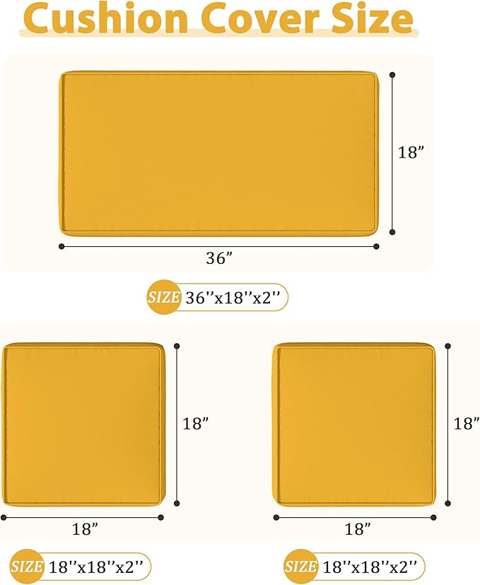 3 Pack Outdoor Patio Seat Cushions Replacement Covers Fit for 4 Pieces 4-Seater Wicker Rattan Patio Conversation Set Loveseat Chair Couch Furniture,36x18x2,18x18x2,Yellow-Cover Only