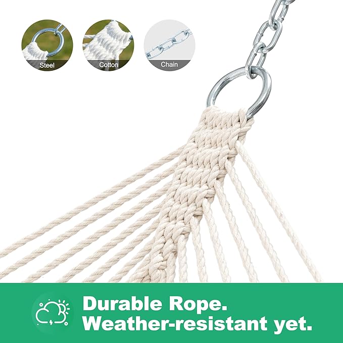 12ft Double Hammocks for Outside, Handwoven Traditional Cotton Rope Hammock with Hardwood Spreader Bar, Chains and Hooks for Indoor Outdoor, Max 450 lbs Capacity(Natural Beige, Medium)