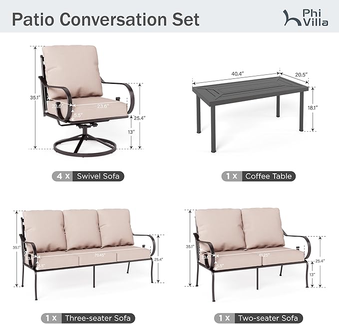 PHI VILLA Extra Large Metal Patio Furniture Sets, All-Weather Steel Frame Heavy Duty Patio Conversation Sets for Backyard, Porch and Garden