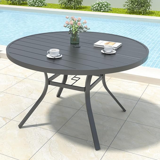 Anmutig 5 Pieces Outdoor Patio Dining Set, 4 Swivel Textilene Dining Chairs & 1 Round Outdoor Dining Table with 1.6"/1.9" Umbrella Hole for Backyard Bistro Outdoor Furniture Brown