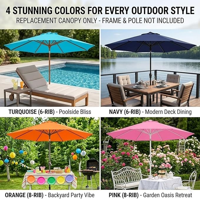 Garden Umbrella Replacement Canopy, Patio Umbrella Cover, 6.6ft-13ft Water Resistant Yard Parasol Top Cover, 6 Ribs 8 Ribs Beach Umbrella Canopy for Outdoor Poolside Balcony