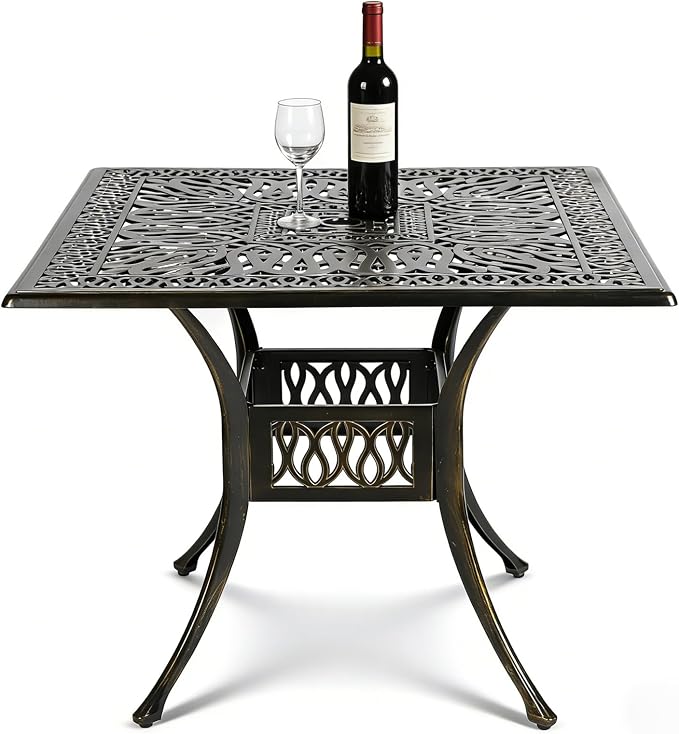 MEETWARM 35.4" Square Patio Dinning Table, Outdoor Cast Aluminum Dinning Large Table with 2.2" Umbrella Hole, Dark Bronze