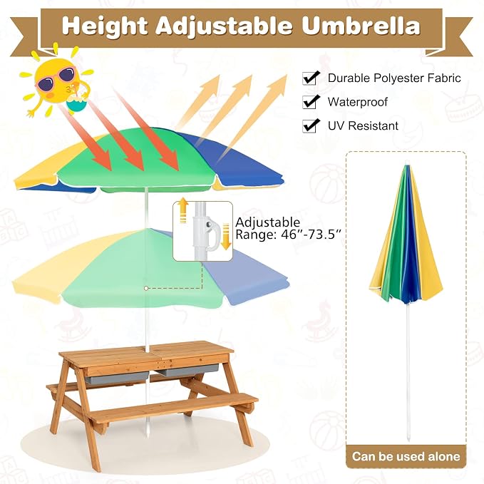 KOTEK Kids Picnic Table, 4 in 1 Sand and Water Table w/Detachable Tabletop, 2 Removable Play Boxes, Foldable & Height Adjustable Umbrella, Wood Sensory Table and Bench for Outdoors, Indoors (Colorful)