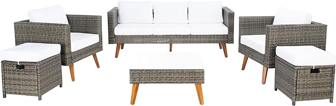 SAFAVIEH Outdoor Collection Presla Grey Brown/White 6-Piece Patio Living Set PAT7715C-3BX