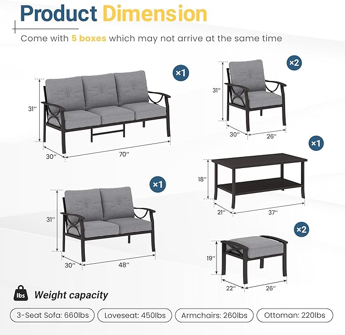 7-Piece Outdoor Patio Furniture Set, Outdoor Metal Sectional Furniture with Cushions, Outdoor Conversation Seating Set with Coffee Table for Balcony, Garden, Deck, Backyard, Grey