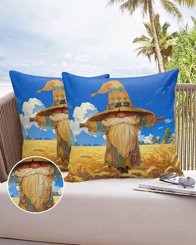 Outdoor Waterproof Throw Pillow Covers 24x24in, Fall Gnome Scarecrow Cushions for Garden Patio Furniture Chairs Set of 2, Blue Sky Wheat Field Home Decor Couch Sofa Polyester Pillow Cases