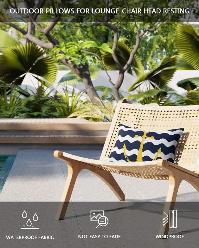 Outdoor Pillows Covers with Inserts Navy Blue Wave Stripes Yellow Nautical Anchor Waterproof Recliner Pillow with Adjustable Strap Throw Pillows for Patio Furniture Pool Lounge Chair, 11x16 inch, 1PCS