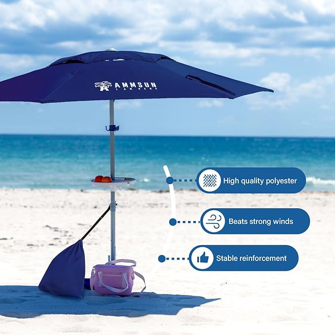 AMMSUN 8ft Large Beach Umbrellas for Sand Heavy Huty Wind Portable Commercial Grade Patio Beach Umbrella with Sand Anchor Hanging Hook Weight Sandbag Adjustable Height Air Vent UPF 50+ Telescoping Pole without tilt Navy