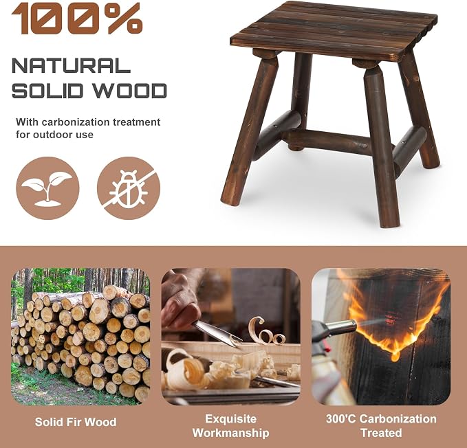 HOMEDIARY Wooden Adirondack Log Side Table, Cedar Wood Outdoor Square End Table w/Slatted Tabletop, Oversize 19.5” Indoor Outdoor Patio Side Coffee Table for Garden Patio Backyard Porch, Carbonized